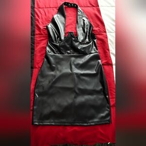 NWOT Elegant Black Faux Leather Halter Dress, Size XL